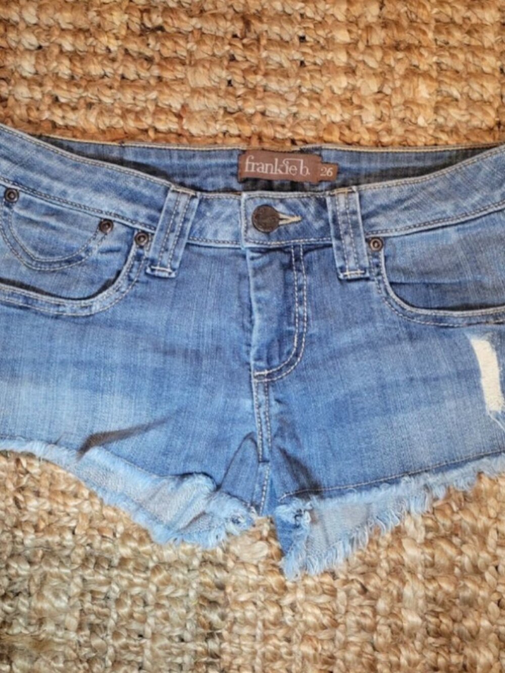 Frankie B Micro Mini Jean Shorts Ultra Low Rise Bow Pocket Vintage y2k Denim 26